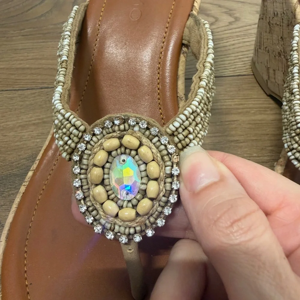Skemo Beaded Cork Wedge‎ Thong Sandals Boho Rhinestone Flip Flops Womens 9